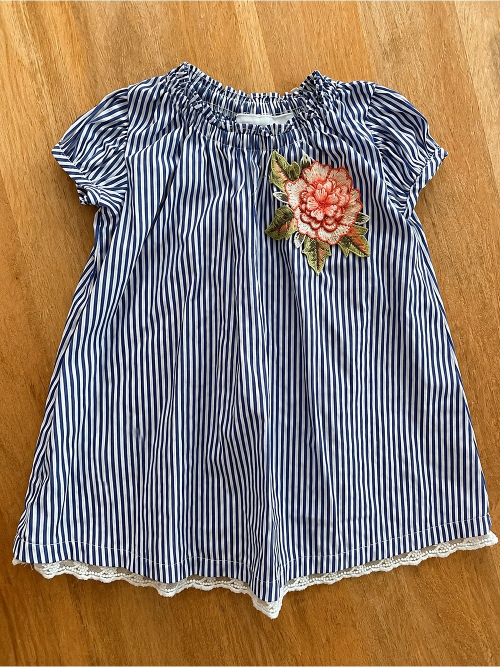 Bonnie Baby Girls Sz 24M Blue & White Striped Dress Floral Appliqué Puff Sleeves